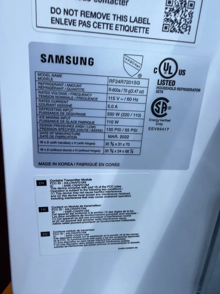 Samsung RF24R7201SG nameplate showing the model code and March 2022 manufacture date