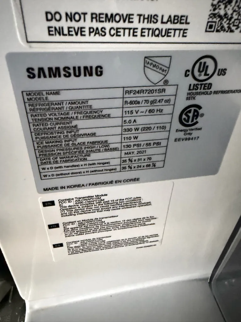Samsung RF24R7201SR nameplate showing the model code and May 2021 manufacture date