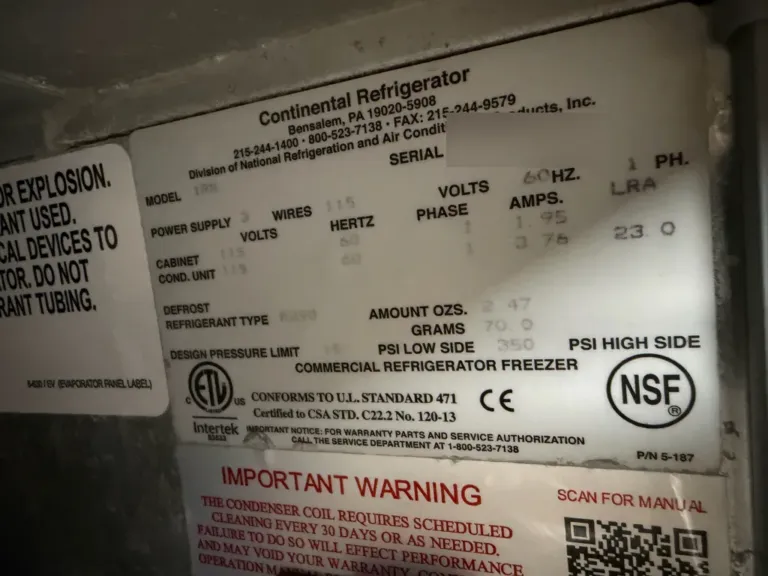 Continental refrigerator nameplate with the serial number blurred