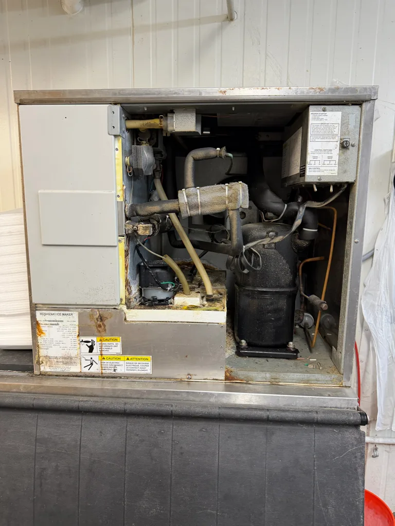 Hoshizaki KML-631MAH commercial ice machine with the compressor compartment open at a Tampa meat market