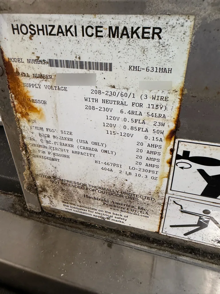 Hoshizaki KML-631MAH nameplate with the serial number blurred