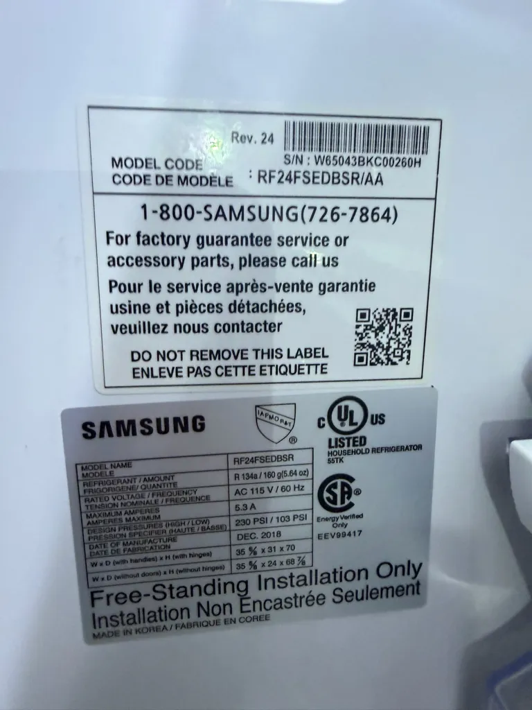 Samsung RF24FSEDBSR/AA nameplate showing the model code and December 2018 manufacture date