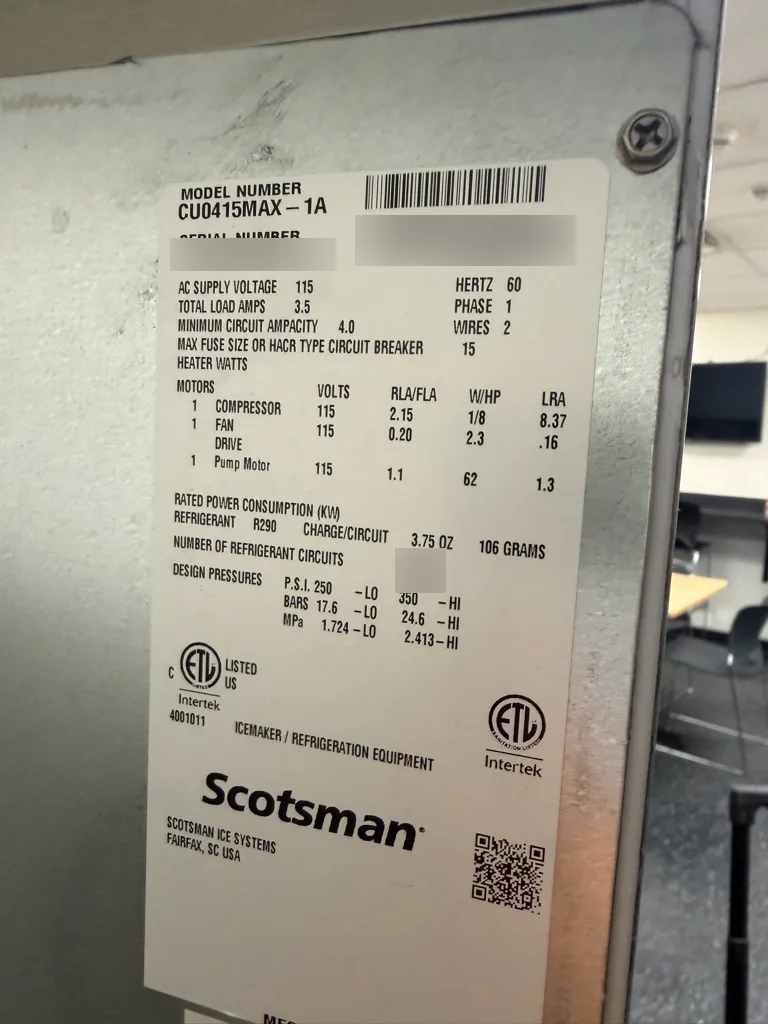 Scotsman CU0415MAX-1A nameplate with the serial number blurred